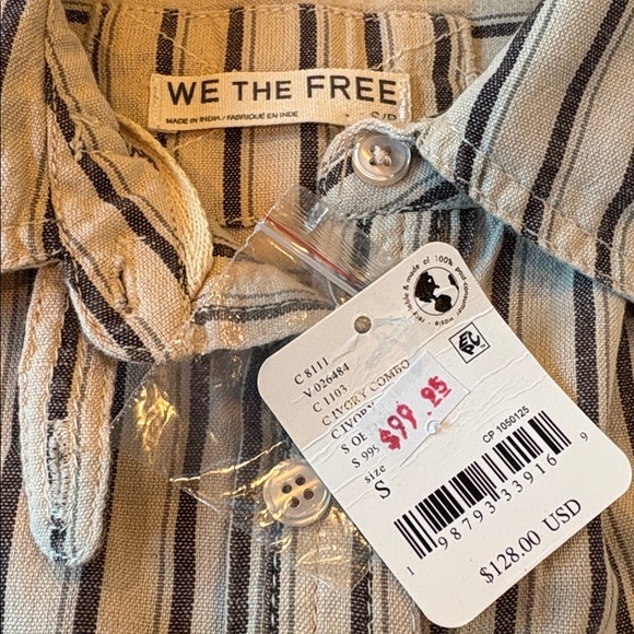 Free People Christopher Linen Shirt oversized tan black classic small new - Picture 8 of 16